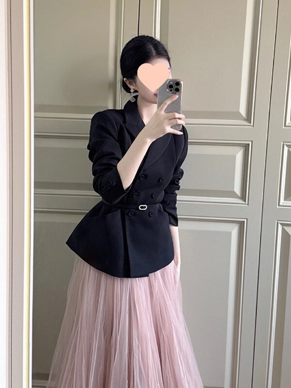 盐系轻熟御姐气质女神范设计感轻职场黑色外套半身裙两件套装女春|undefined