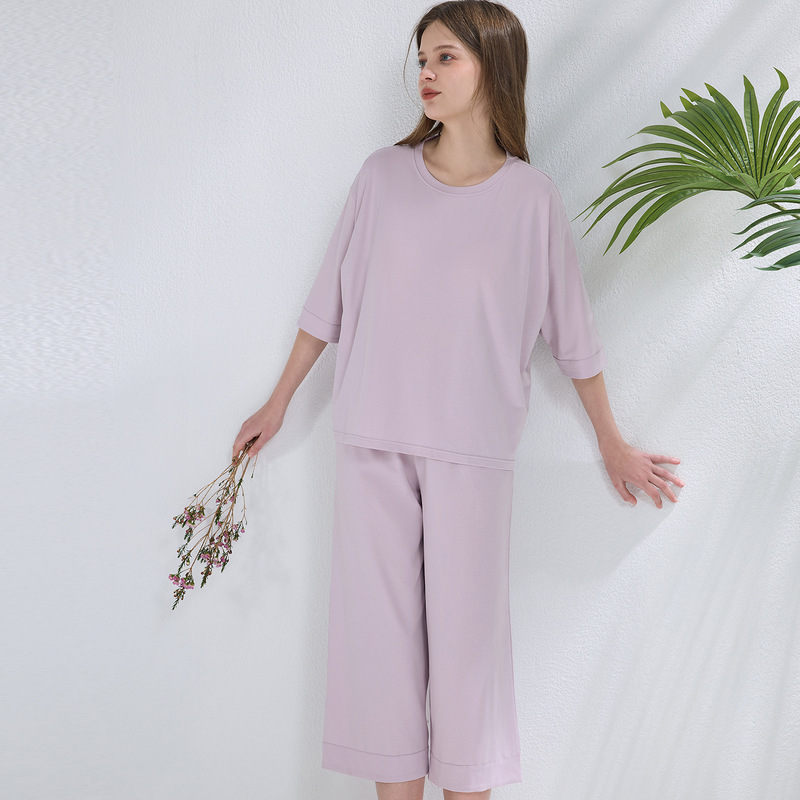 Brand Spring/Summer Knit Thin Lyocell Tencel Cotton Loose Mid-Sleeve Wide-Leg Cropped Pants with Chest Pads Women's Loungewear