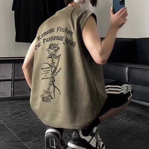 Men's American-style vest summer suede rose trend brand high street sports large size shoulderless shirt cool and handsome sleeveless men's t-shirt 