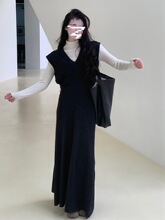 新款韩系感穿搭一整套黑色连衣裙子女早秋季内搭套装长裙