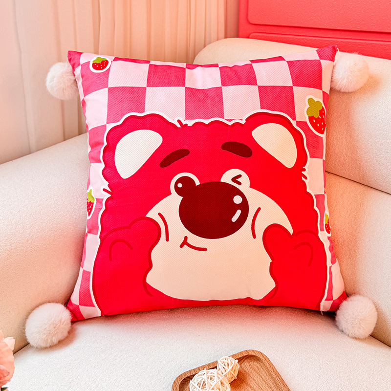 Happy Strawberry Bear Almohada de dopamina Funda de almohada Sofá de sala de estar Almohada de cintura abstracta con estampado de cabecera Bola de pelo