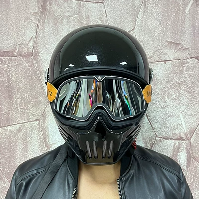 Men and Women, Full-Face Helmet for Motosiklet kaskı (dəbilqə) - single-helmet-with-retro-black-and-silver-goggles-black-belt-please-leave-a-message-for-the-color-of-the-helmet-transparent-mirror-included-m