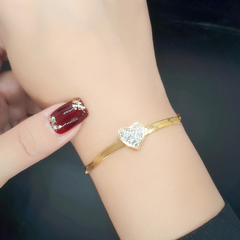 Fashion Heart Shape Titanium Steel Gold Plated Rhinestones Bracelets 1 Piece