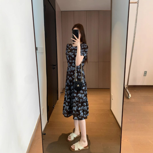 A296281 French elegance chiffon with twist silk elastic lightweight floral waist pleats round neck short sleeve tea party dress