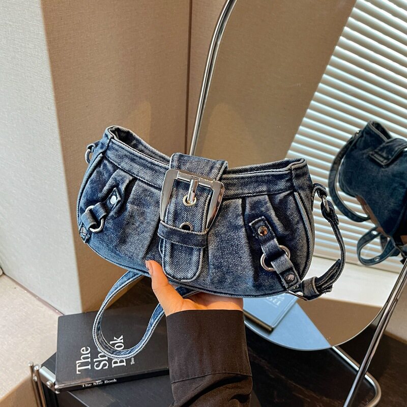 Túi đeo chéo nữ dáng hộp nhỏ kẹp nách vải denim xếp nếp phong cách Hàn Quốc — Cao bồi xanh, Màu xanh cổ điển, đen chi tiết 17