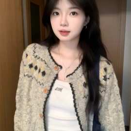 费尔岛灰色毛衣针织开衫外套上衣女2026新款韩系巨好看的早秋穿搭