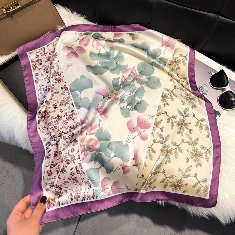 Women's Floral Print Silk Feel Square Scarf Elegant Neck Warmer_voghion.com