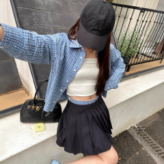 MM水色の格子縞の短い襟付き女性シャツ刺繍文字logo 2025シンプルな潮牌カーディガンコート