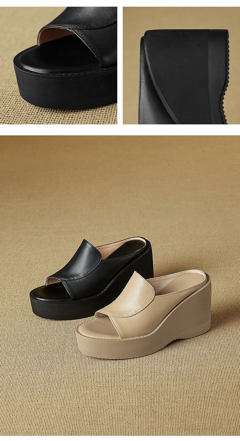 Dép sandal nữ quai chữ V đế xuồng cao gót 9 cm da bò mũi cá — đen chi tiết 9