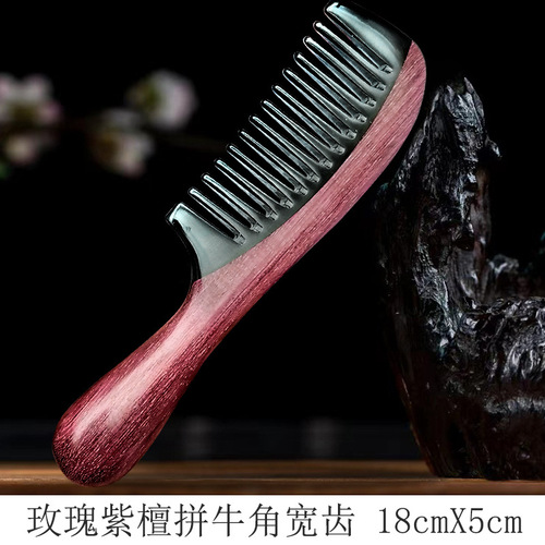 Wholesale green sandalwood horn horn drum handle comb dense tooth round head handle comb women's long hair comb lettering plus label gift comb