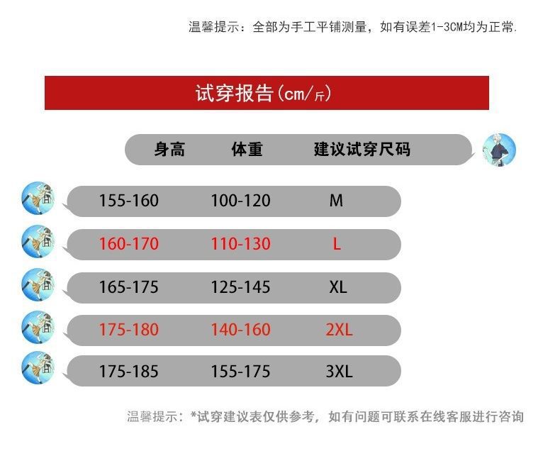 M-3XL尺碼表外套
