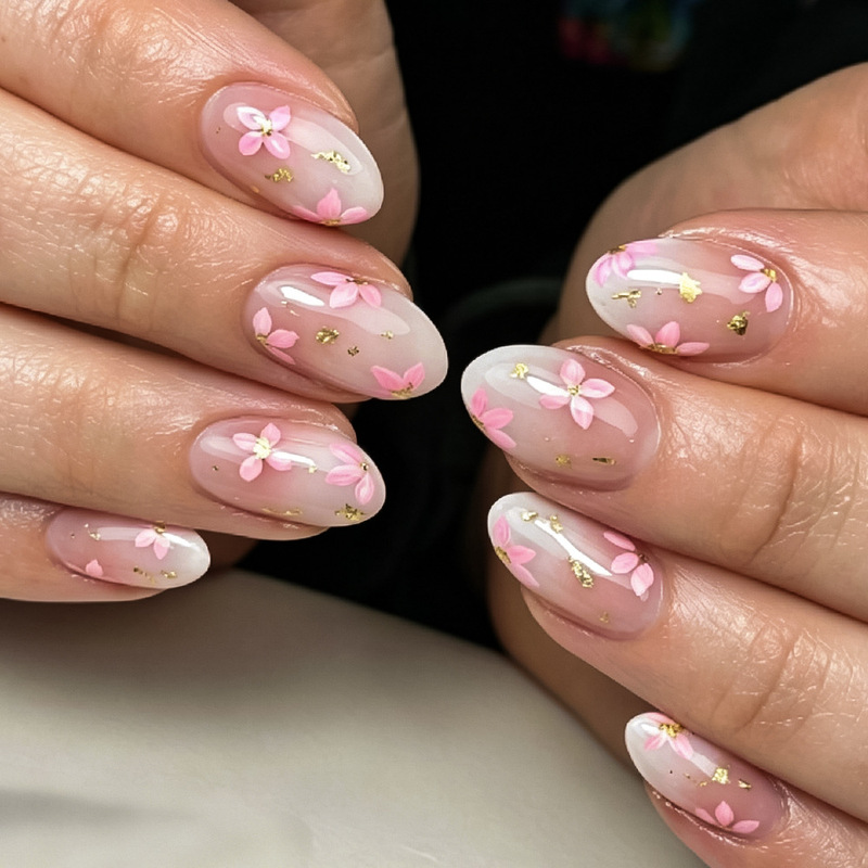 Daily Style Atmospheric Nail Stickers in Light Nude Pink with Floral Fragments and Fine Glitter, Simple Almond-Shaped Nails, 24 Pieces of Fake Nails