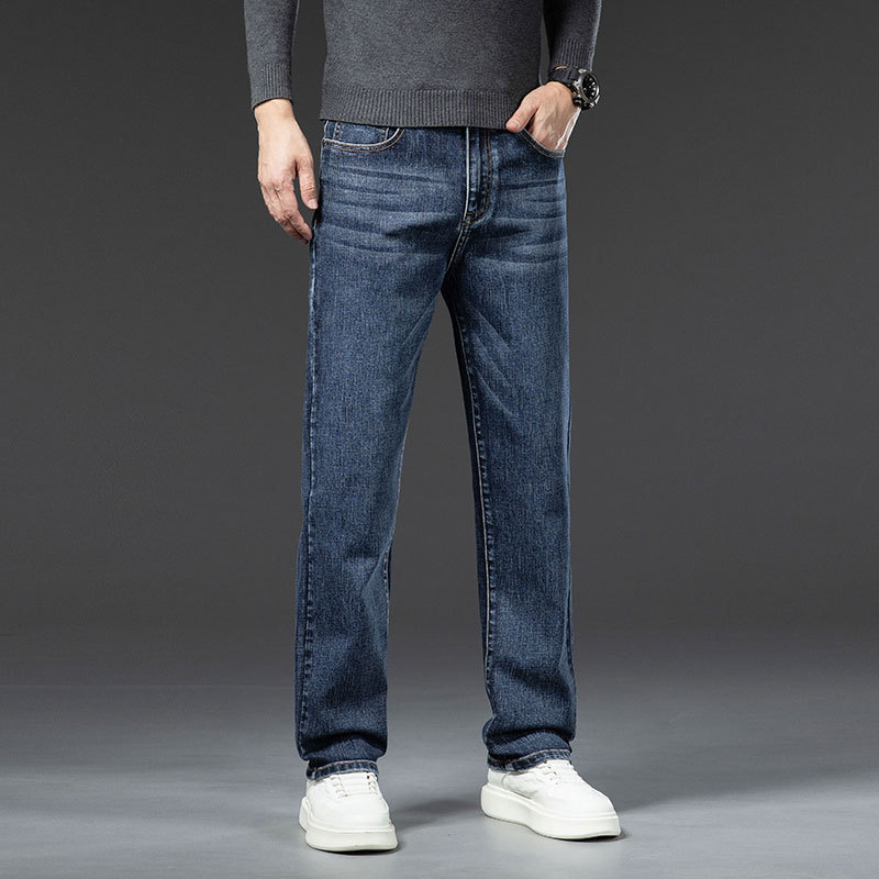 Fashion New Men's Denim Winter Middle-aged and Elderly Anti-wrinkle Wear-resistant Cotton Elastic Comfortable Soft Loose Business Straight Pants