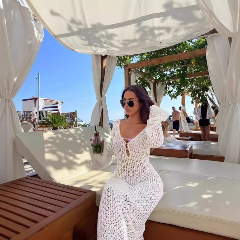 European and American Cross-Border Best-Selling Beach Vacation Bikini Cover-Up Hollow Crocheted Knitted Long Dress Long Sleeves