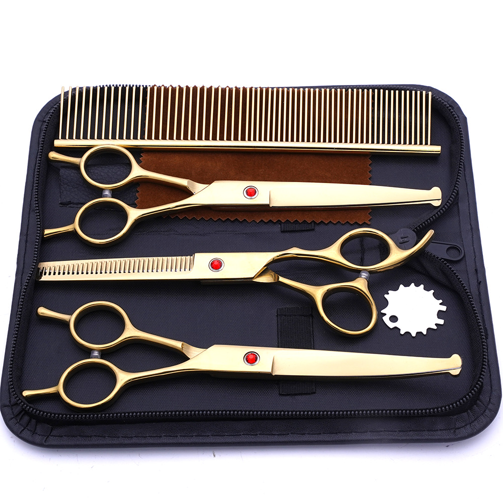 Fábrica directa de acero inoxidable mascotas belleza tijeras color cabeza redonda tijeras de diente fino tijeras pelo recorte curvo tijeras traje