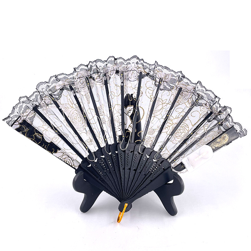 #593-2 7寸-6V双功能-发光玫瑰蕾丝扇黑底暖白色