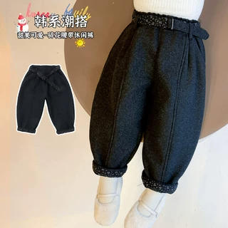 女童加绒休闲裤2025冬装新款儿童加厚弯刀裤百搭长裤腰带直筒裤子