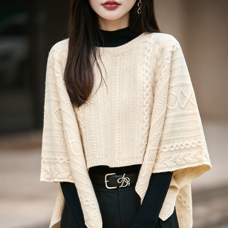 100羊毛针织大披肩秋冬保暖套头斗篷时尚宽松披风百搭毛衣外套女|undefined