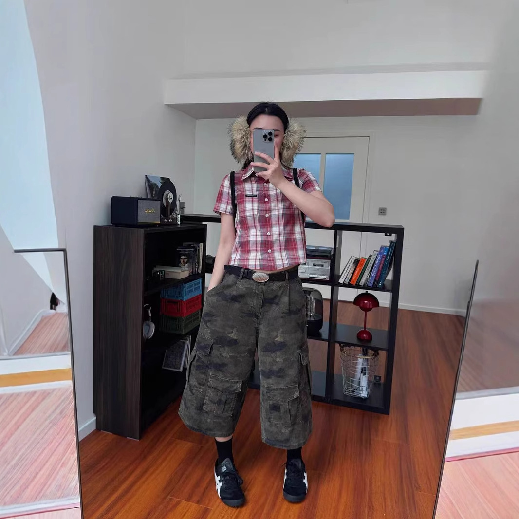 American Retro Multi-Pocket Camouflage Cropped Pants for Men and Women, Summer Versatile Wide-Leg Cargo Casual Denim Shorts