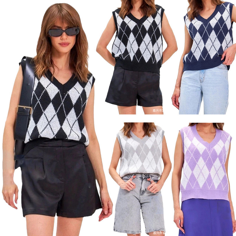 Foreign Trade Cross-Border European and American Style Vest Knitwear Women's Pullover V-Neck Sleeveless Loose Fit Top Wholesale