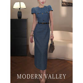 蓝色复古撞色格纹连衣裙女夏季长裙设计感小众御姐风高端礼服裙子