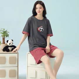 睡衣女款夏纯棉短袖可爱薄款2026新款可外穿大码家居服套装带胸垫