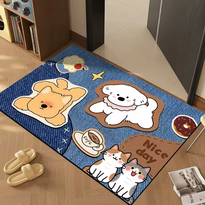 Avtomobil döşəmə paspasları | Door Mat, Anti-Slip, Water-Absorbent Foot Mat - denim-pattern-two-cat-coffee-80x-100cm-rubber-bottom