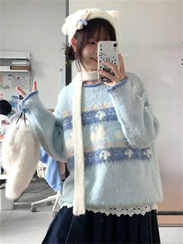 Small Mushroom Jacquard Soft Waxy Striped Pullover Sweater Women's Autumn and Winter Furry Crewneck Loose Knitted Top