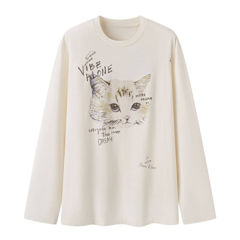 MO**same style as in the mall, 2026 autumn new collection, fashionable and casual loose-fit long-sleeve T-shirt with a cat print and round neckline MO**same style as in the mall, 2026 autumn new collection, fashionable and casual loose-fit long-sleeve T-shirt with a cat print and round neckline
