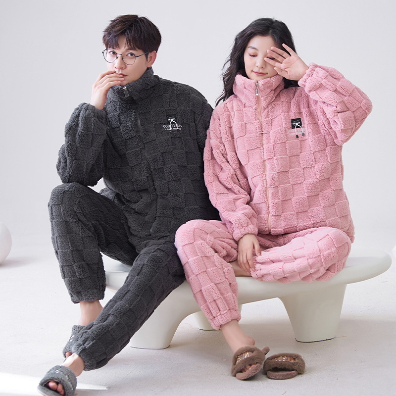 Pijamas de pareja de invierno de las mujeres de coral de lana collar de pie estilo deportivo ligero se puede usar fuera de forro polar engrosada homewear traje de manga larga