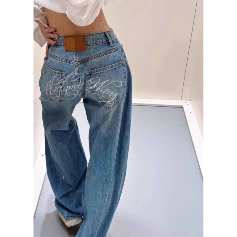 American Street Heavy Industry Back Hot Drilling Letter High Waist Jeans Women's Spring Loose Straight Mop Machete Pants