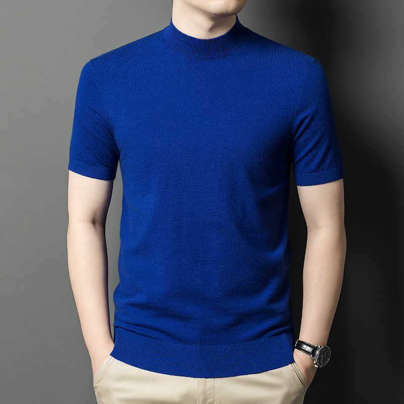 Ordos 100% cachemira pura, hombre de manga corta, suéter de lana de punto de cuello medio alto, suéter de manga media gruesa