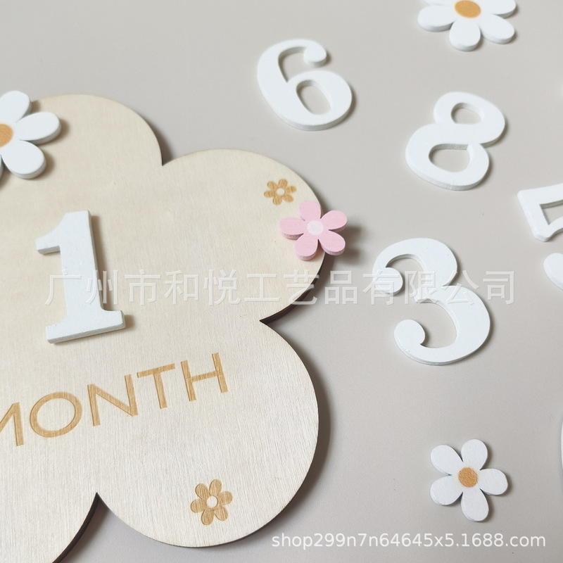 木质婴儿里程碑新生儿月份牌里程碑月份卡木牌可替换数字DIY花朵|undefined