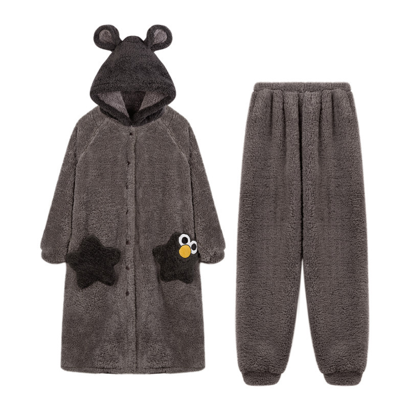 カップル用パジャマ 冬用 コーラルフリース 厚手 秋冬用 男女兼用 裏起毛セット 冬用ナイトガウン ホームウェア