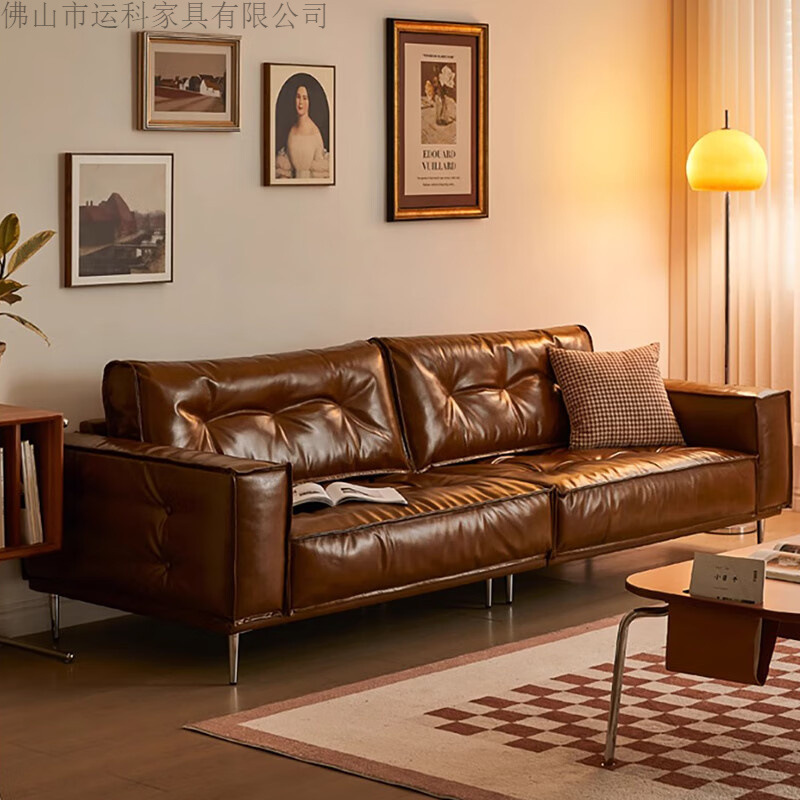 Designer's New Mid-Century Style Oil Wax Leather French Retro Genuine Leather Small Apartment Brown Living Room Home Straight Sofa