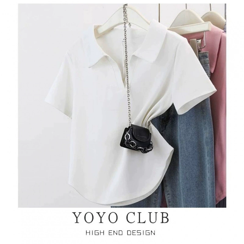 Женский топ с короткими рукавами и полуоткрытым воротником-поло на правое плечо, летняя футболка больших размеров, новая элегантная универсальная простая футболка для похудения