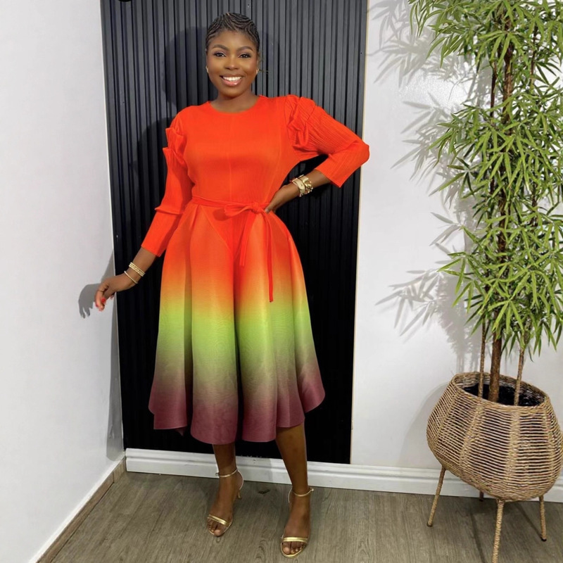 Miyaki New Pleated Fashion Round Neck Lantern Sleeve Waist Slimming Gradient Color Women's Dress Dress Cross Miyaki New Pleated Fashion Round Neck Lantern Sleeve Waist Slimming Gradient Color Women's Dress Dress Cross