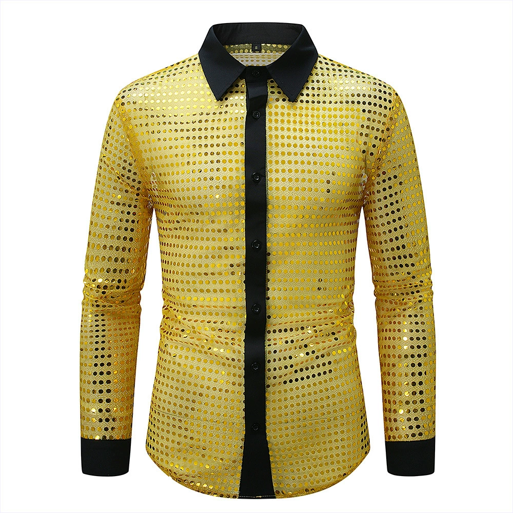 Мужская длиннорубашечная одежда для выступлений в стиле 70-х, диско-вечеринка, ночной клуб, блестящая модная рубашка (кросс-бордер)