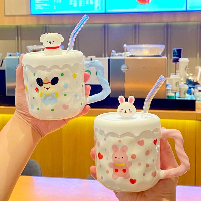 可爱卡通杯吸管杯ins风马克杯带盖家用送女生日情侣杯礼物陶瓷杯|undefined
