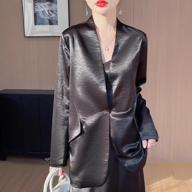 ng2510292 White Acetate Satin For Women, 2025 Spring/autumn New Style, Loose Casual Elegant Short Blazer Top_ecoleips.com