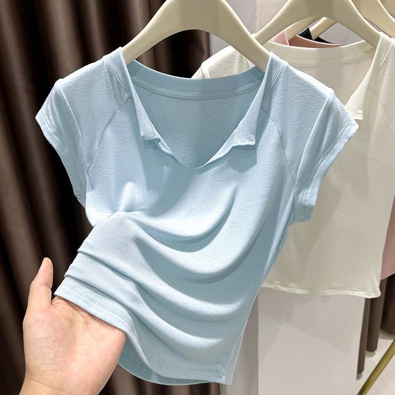 Super Soft Modal V-Neck Short-Sleeve T-Shirt for Women, Thin Style with Raglan Flutter Sleeves, Slimming Inner Wear Top Super Soft Modal V-Neck Short-Sleeve T-Shirt for Women, Thin Style with Raglan Flutter Sleeves, Slimming Inner Wear Top