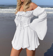 欧洲站2021欧美时尚女装速卖通ins外贸腰封系带束腰喇叭袖连衣裙