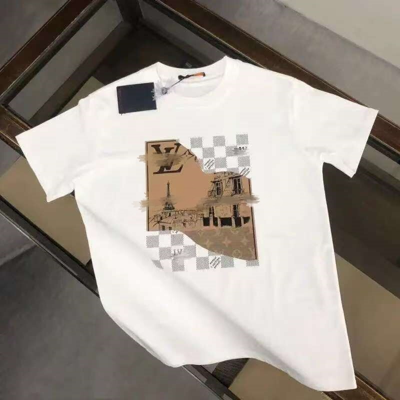 跨境高版本小路夏季潮牌男女同款简约V印花百分百纯棉休闲短袖T恤|undefined