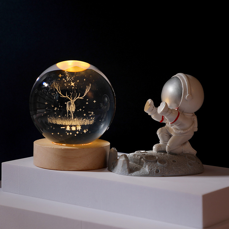 クロスボーダー発光台座3d内彫刻水晶玉銀河太陽創意デスクトップ置物ガラス水晶玉小夜灯|undefined