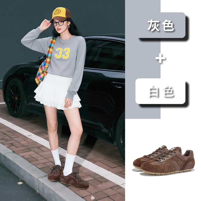 乌拉草猪皮鞋垫头层牛皮阿甘鞋女2025秋季新款平底德训鞋运动女鞋|undefined