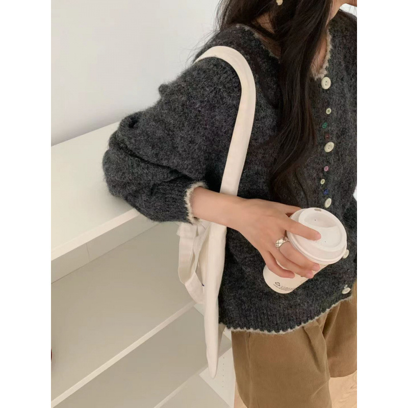 KANING韩版彩扣撞色软糯针织开衫2025秋冬新款宽松显瘦圆领毛衣女|undefined