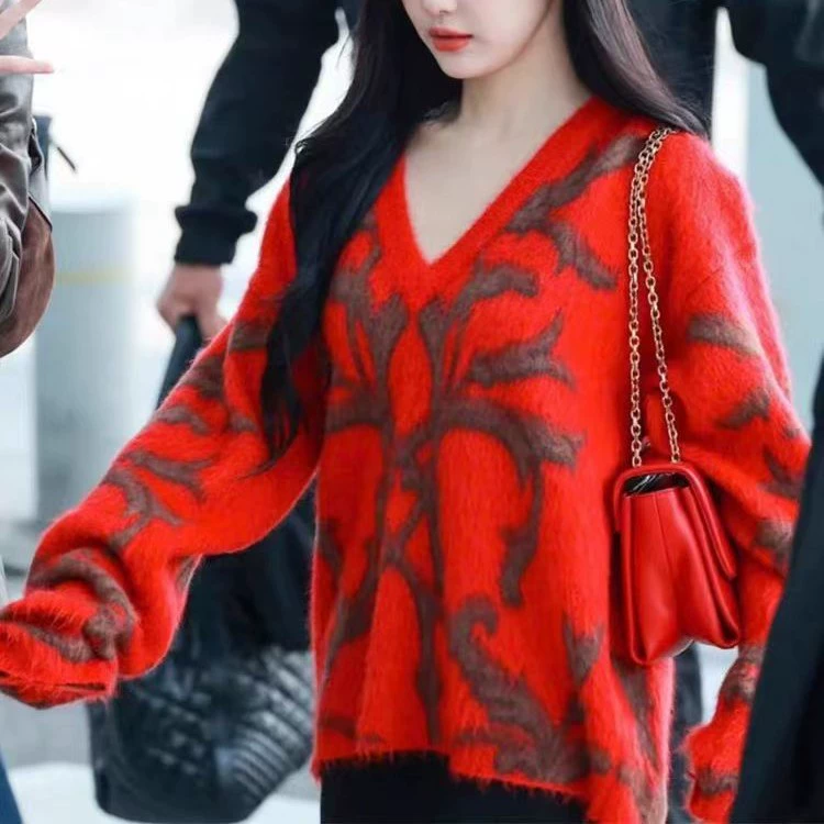 Red winter sweater, woolen knitted shirt, oversize