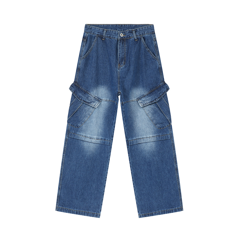 MTLCLOTHES para hombre | 2024 verano nuevo producto deconstrucción de nicho de bolsillo grande azul oscuro jeans de trabajo blanco