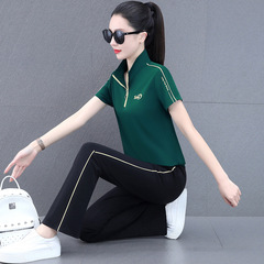 運動裝套裝女夏季中年女士洋氣時尚冰絲短袖闊腿褲休閒跳舞兩件套