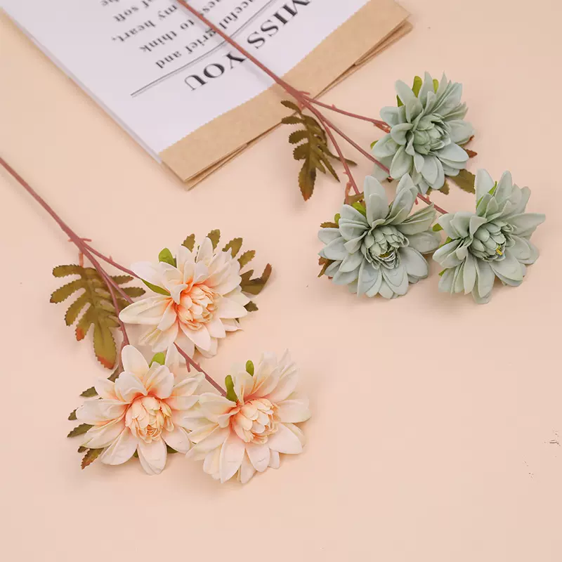 仿真花三头大丽花婚庆插花软装花大丽菊欧式复古绢花居家摆设花艺